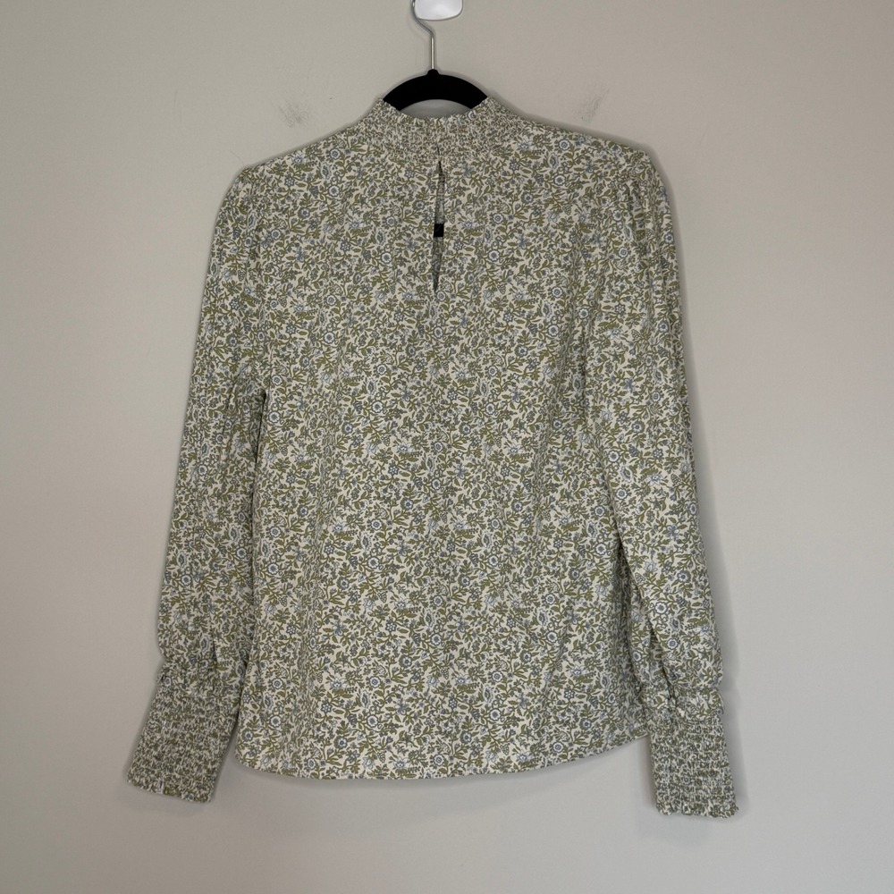 Hyacinth House Floral Smocked Mock Neck Blouse Green Medium Long Sleeve Puff - Picture 2 of 9